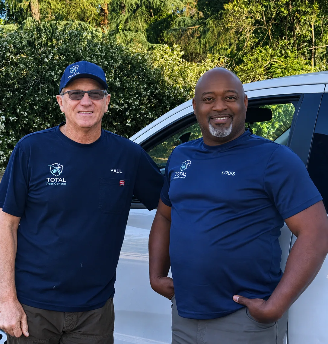 Total Pest Control Fresno owner Paul Outfleet and technician Louis in uniform by their service truck