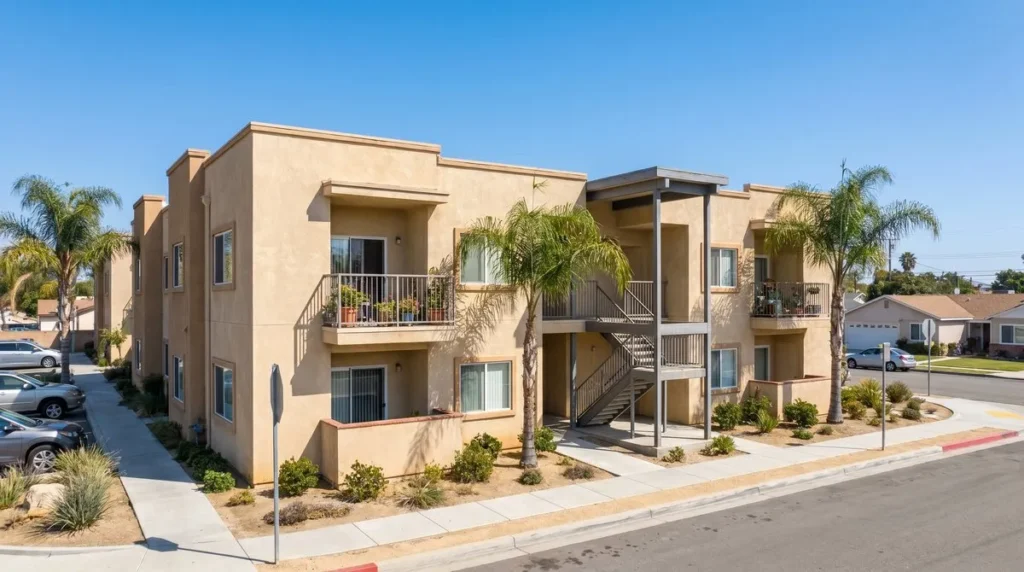 A two-story apartment complex where bed bugs can spread between units