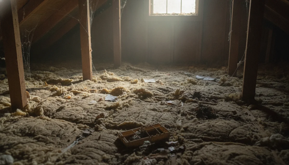 Rodent-damaged attic insulation in a Fresno home