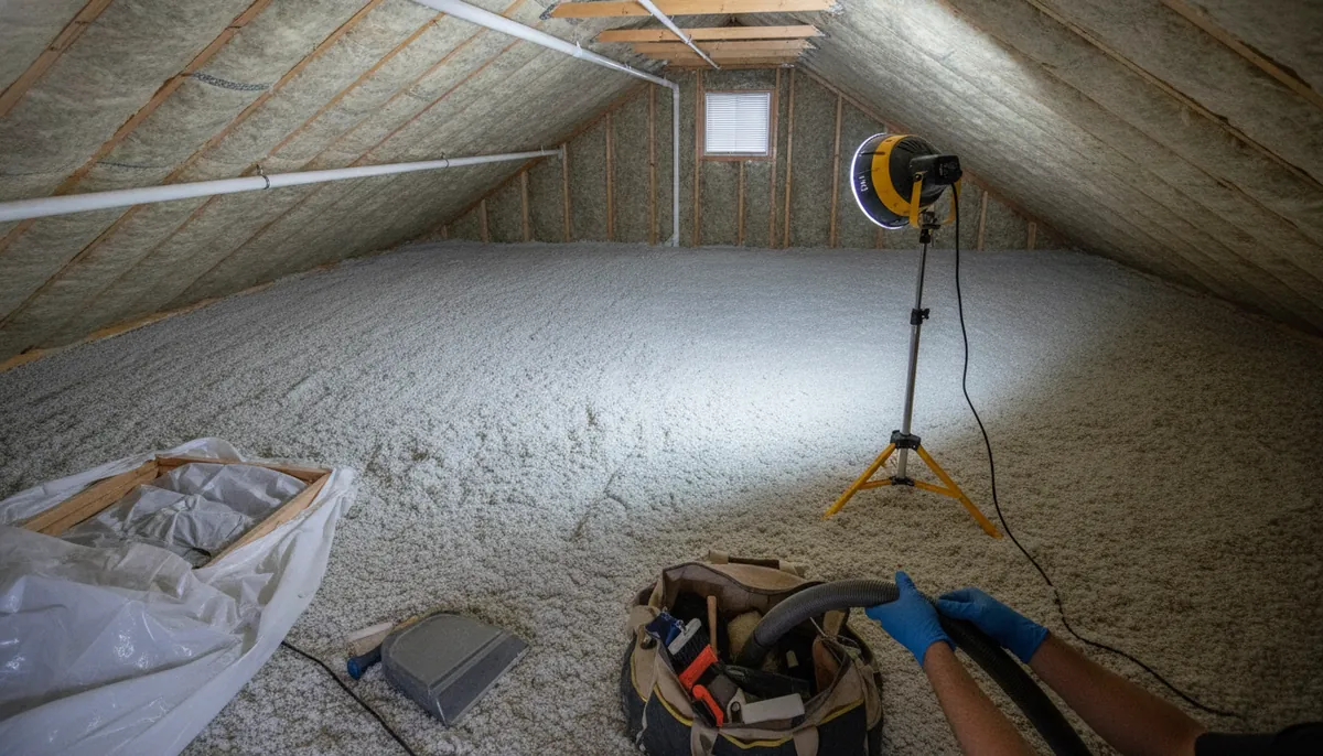 Restored Fresno attic with fresh insulation after rodent cleanup