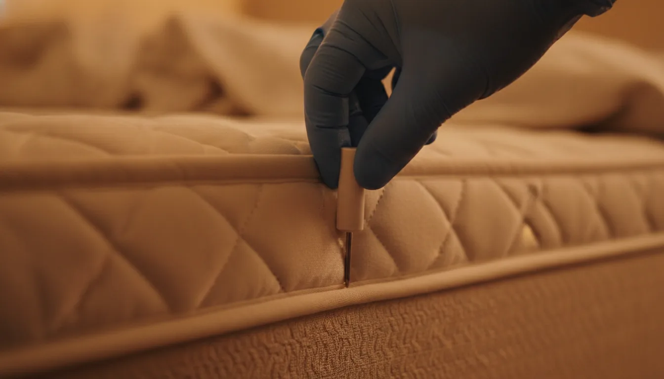 Gloved hand placing a wireless temperature sensor into a mattress seam to confirm a bed bug heat treatment reaches lethal temperature