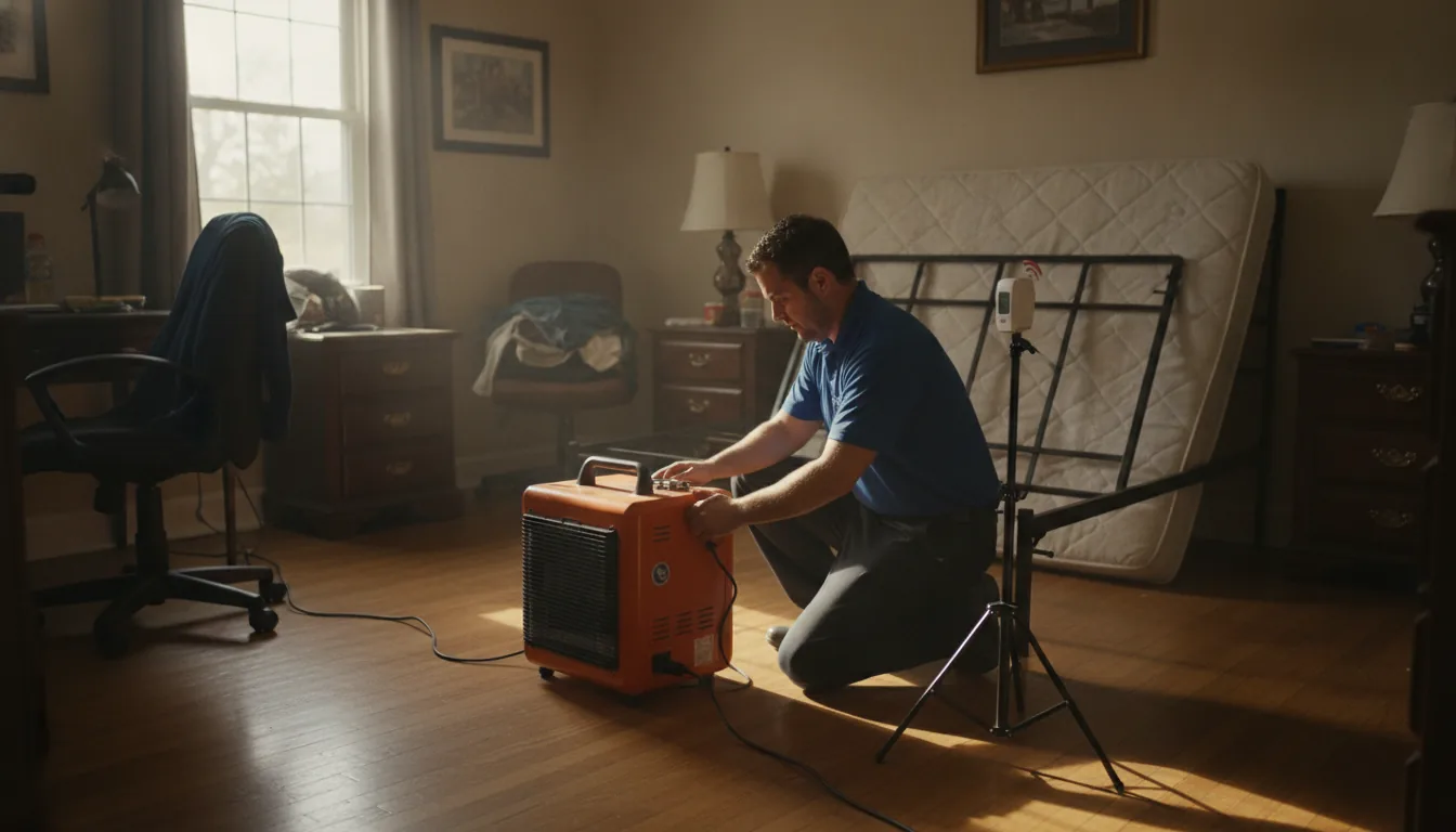 Pest control technician running a bed bug heat treatment in a Fresno bedroom with an industrial heater and a wireless temperature sensor on a stand