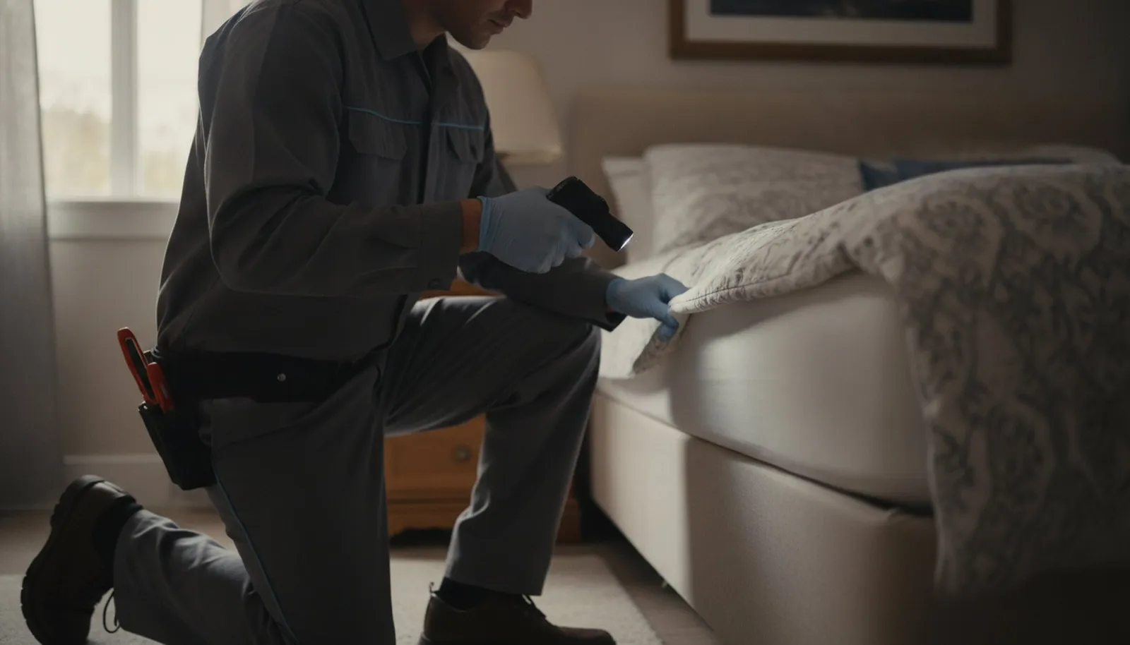 Pest control technician inspecting a mattress seam for bed bugs during a treatment in Fresno