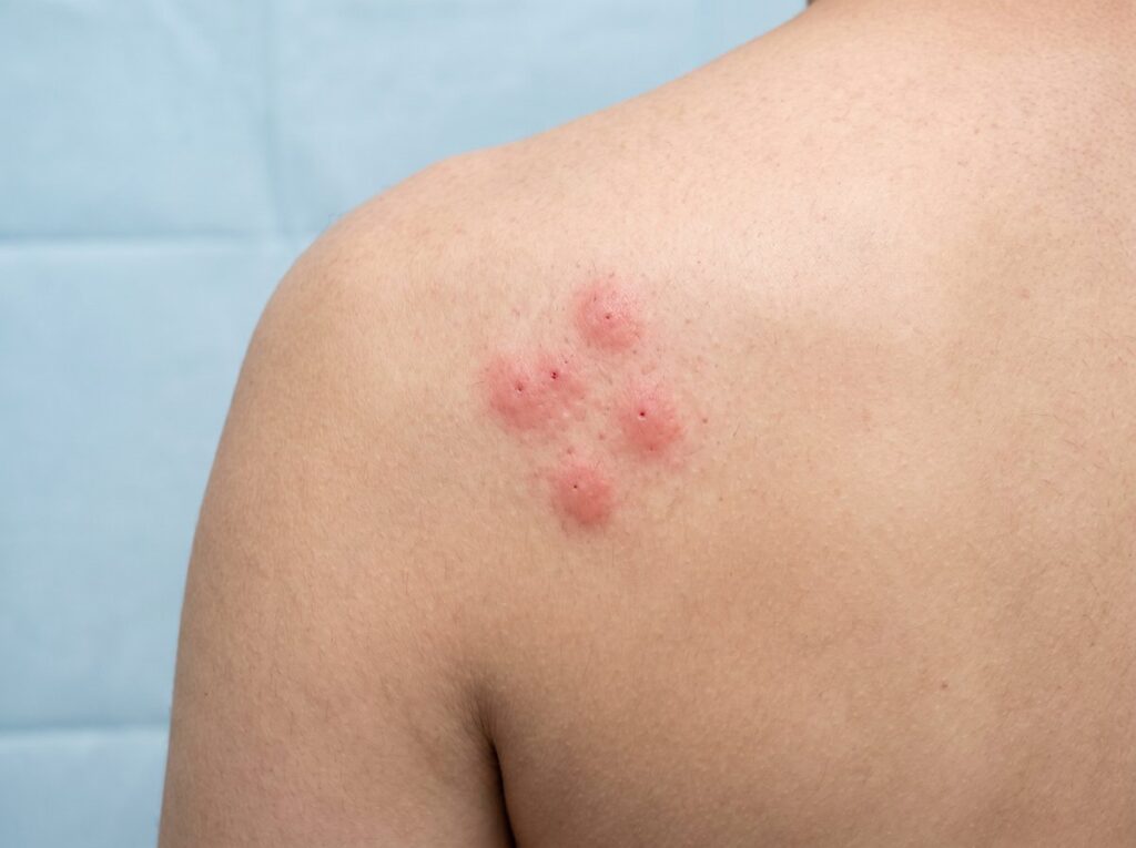 A cluster of red, raised bed bug bite welts on a person shoulder