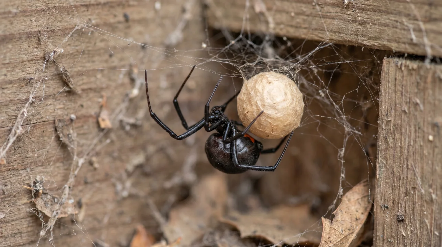 A black widow spider beside her round papery tan egg sac in a web in a woodpile near a Fresno home