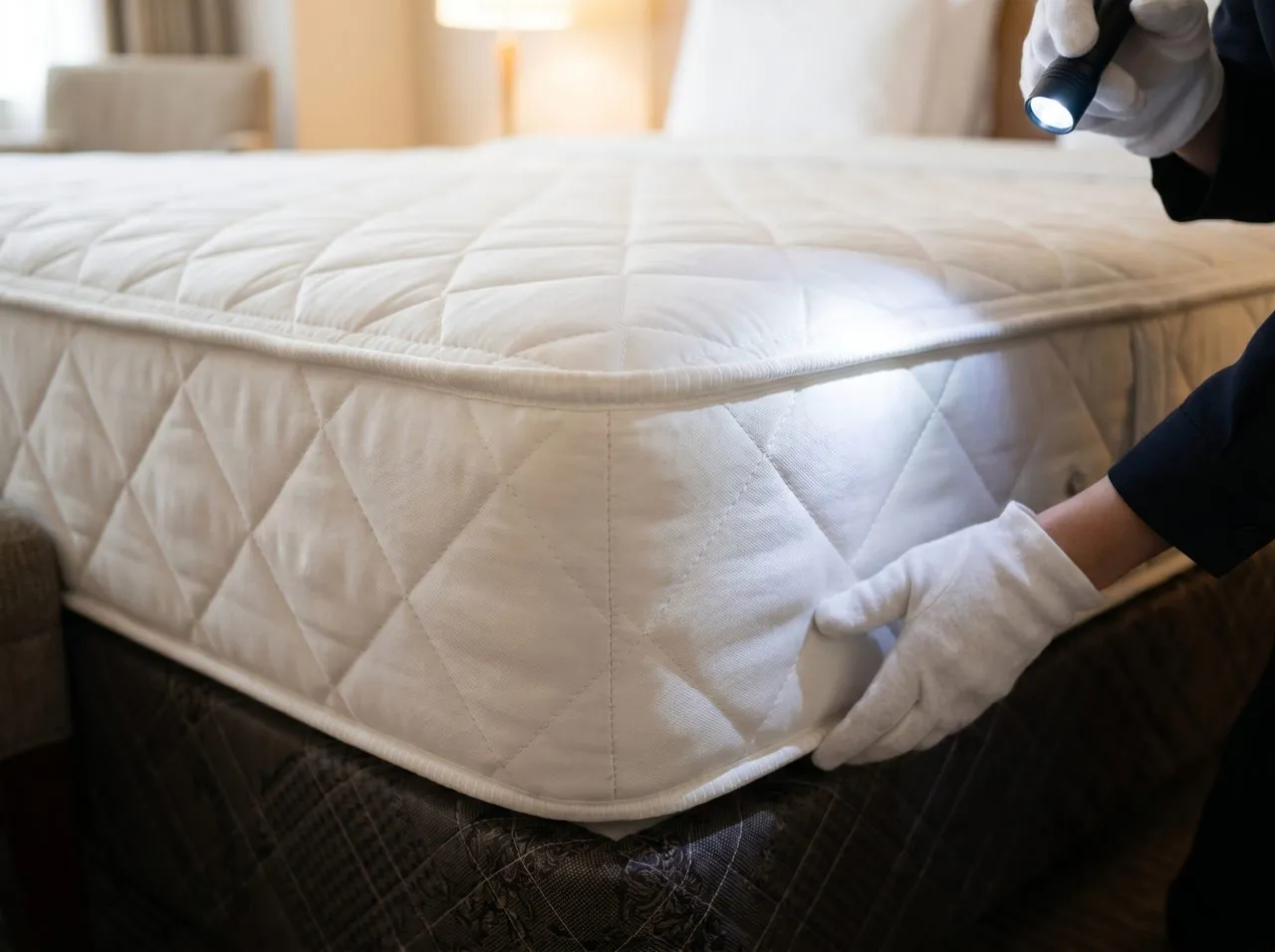 Housekeeper inspecting a hotel mattress seam for bed bugs
