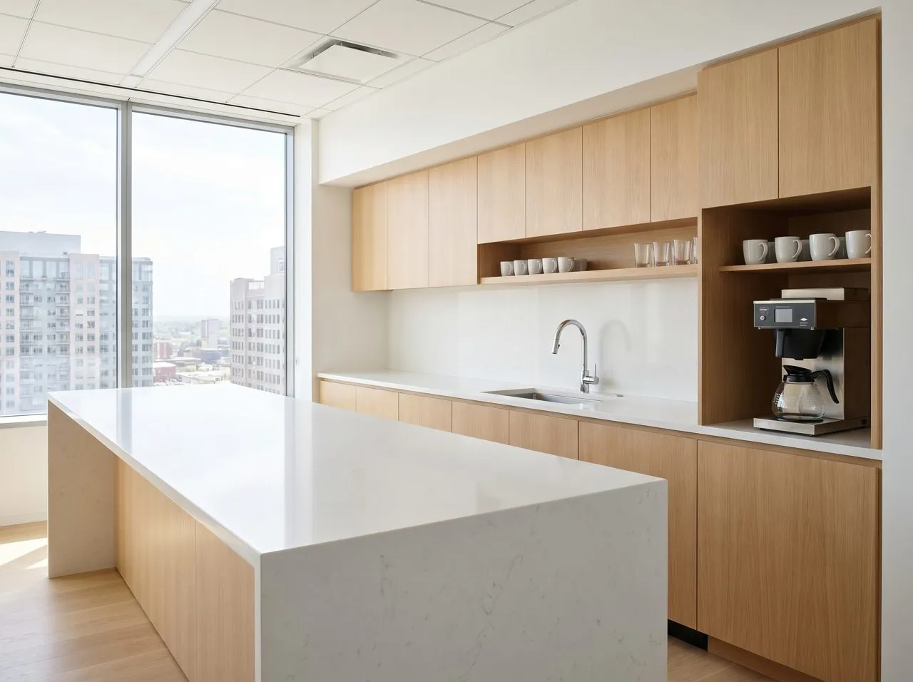 Clean office break room kitchenette