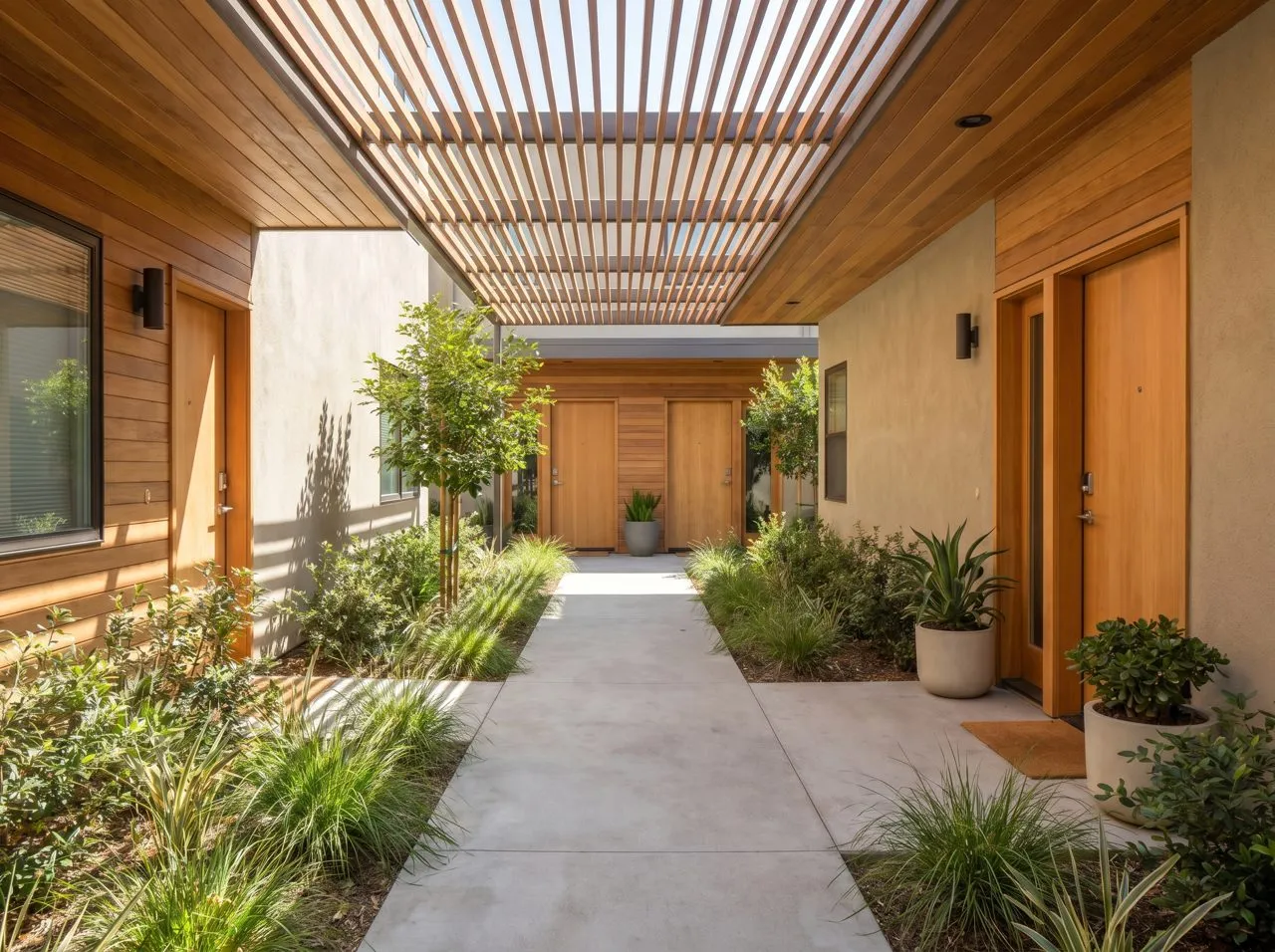 Apartment complex breezeway and common-area walkway