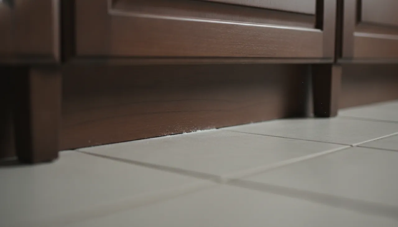 A thin white line of boric acid powder applied along a kitchen baseboard behind a cabinet