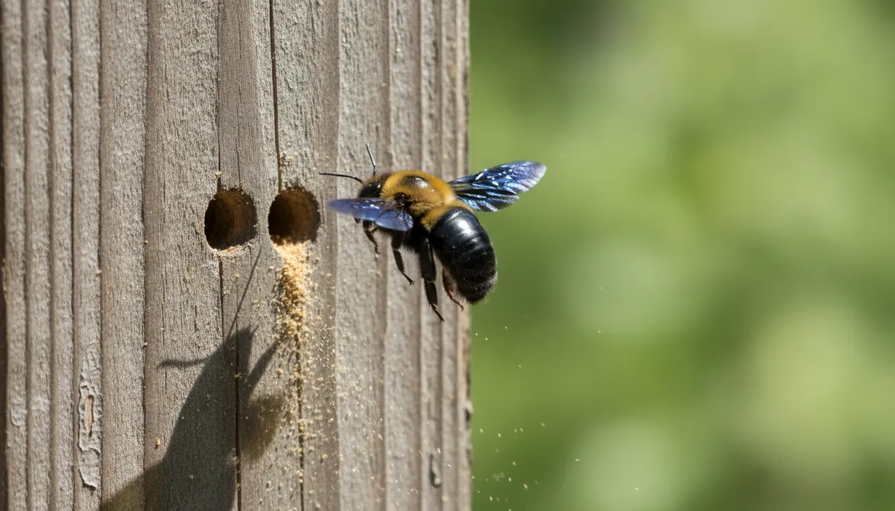 A large black carpenter bee hovering beside perfectly round holes drilled into a wooden deck fascia board on a Fresno home
