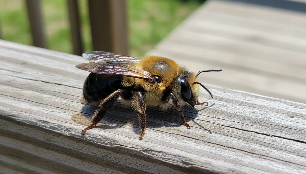 A carpenter bee on weathered wood showing its shiny, hairless black abdomen — the key feature that separates it from a fuzzy bumblebee