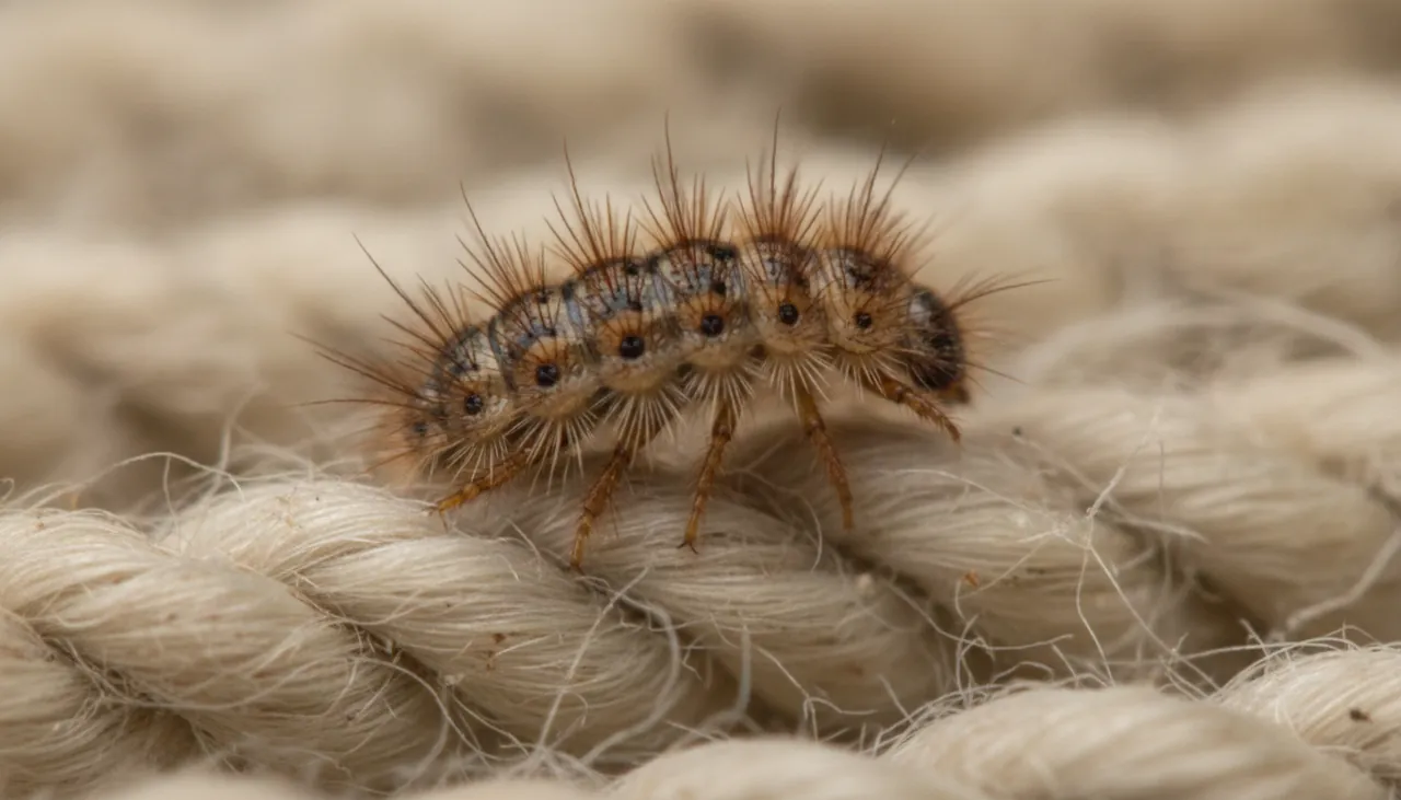 Extreme close-up of a fuzzy, bristly carpet beetle larva crawling along a wool carpet fiber