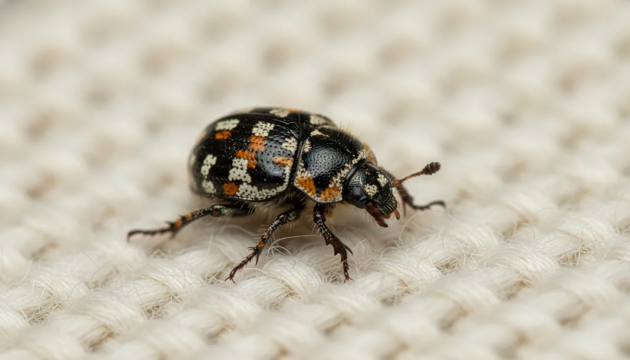 A tiny round varied carpet beetle adult, mottled black, white and yellow, resting on a piece of cream wool fabric