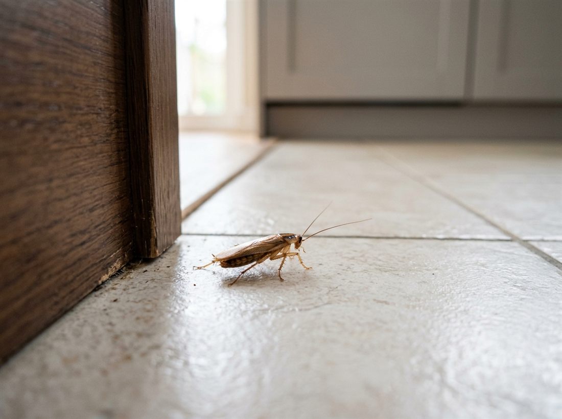 German cockroach — small, tan, with two dark stripes behind the head, the most common indoor roach in Fresno