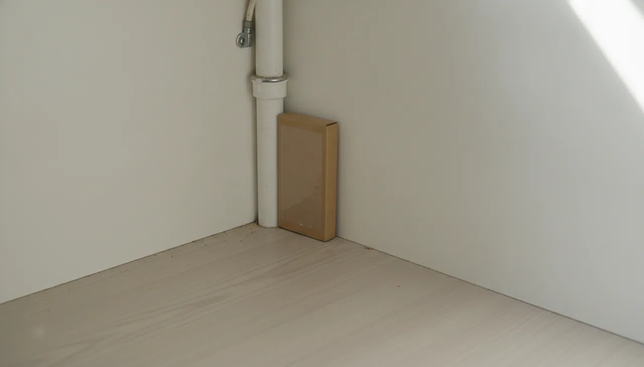A sticky cockroach monitor trap placed in the corner of a kitchen cabinet, used to locate where roaches hide and travel