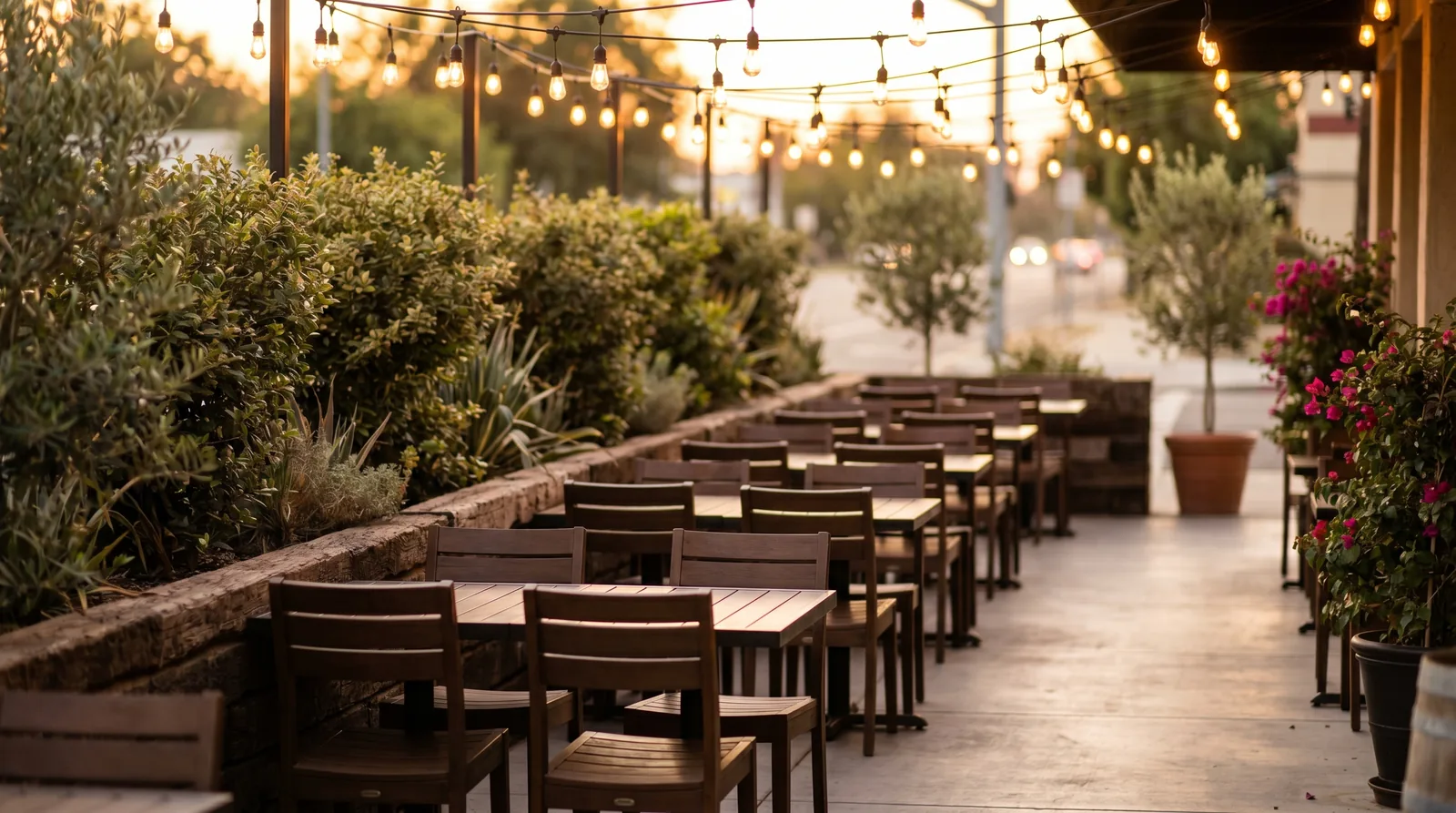 Outdoor restaurant patio in Fresno at dusk protected by commercial mosquito control