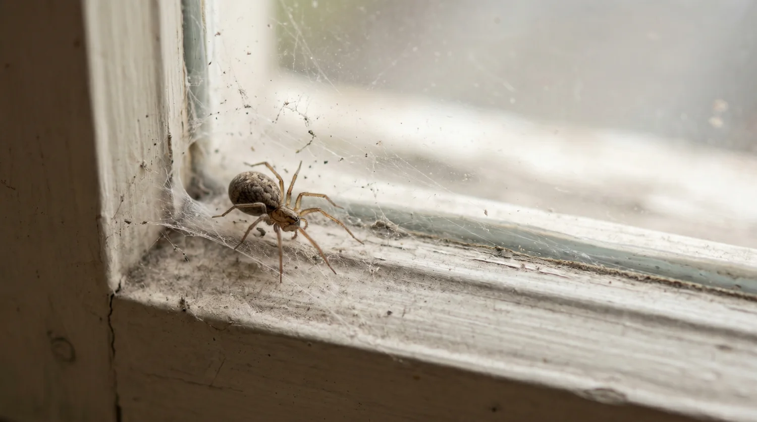 A common house spider in its cobweb in the corner of a window frame inside a home