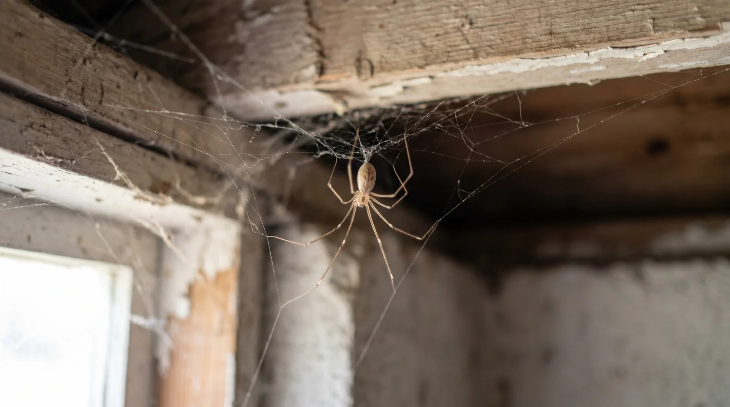 A cellar spider, commonly called a daddy long legs, hanging in a web in a garage corner