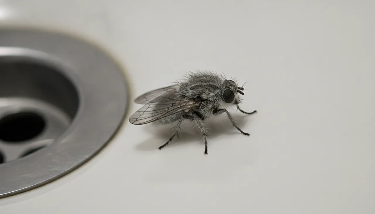 A single fuzzy, moth-like drain fly resting on white porcelain beside a bathroom sink drain in a Fresno home