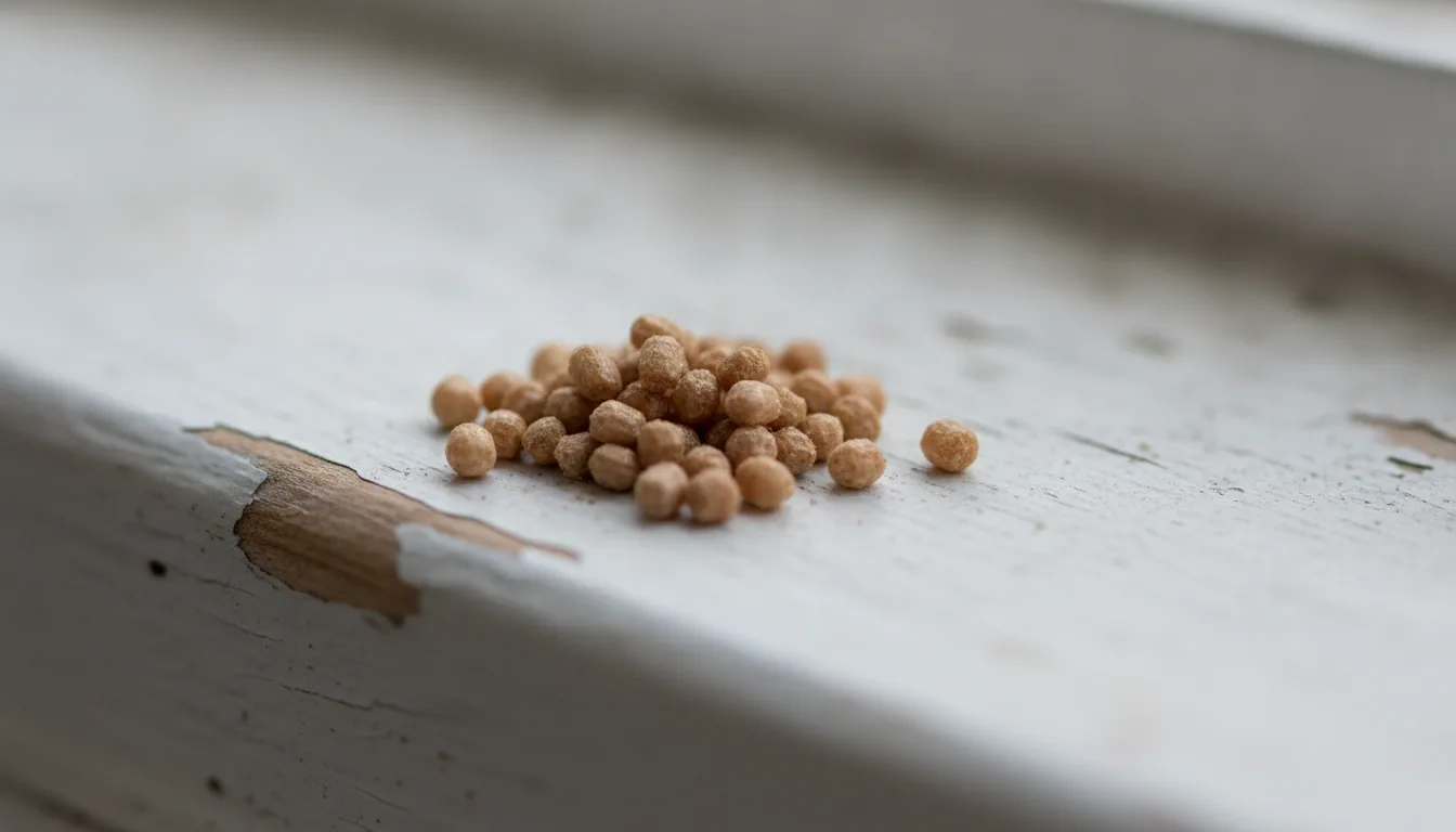 Pile of drywood termite frass pellets on a white windowsill
