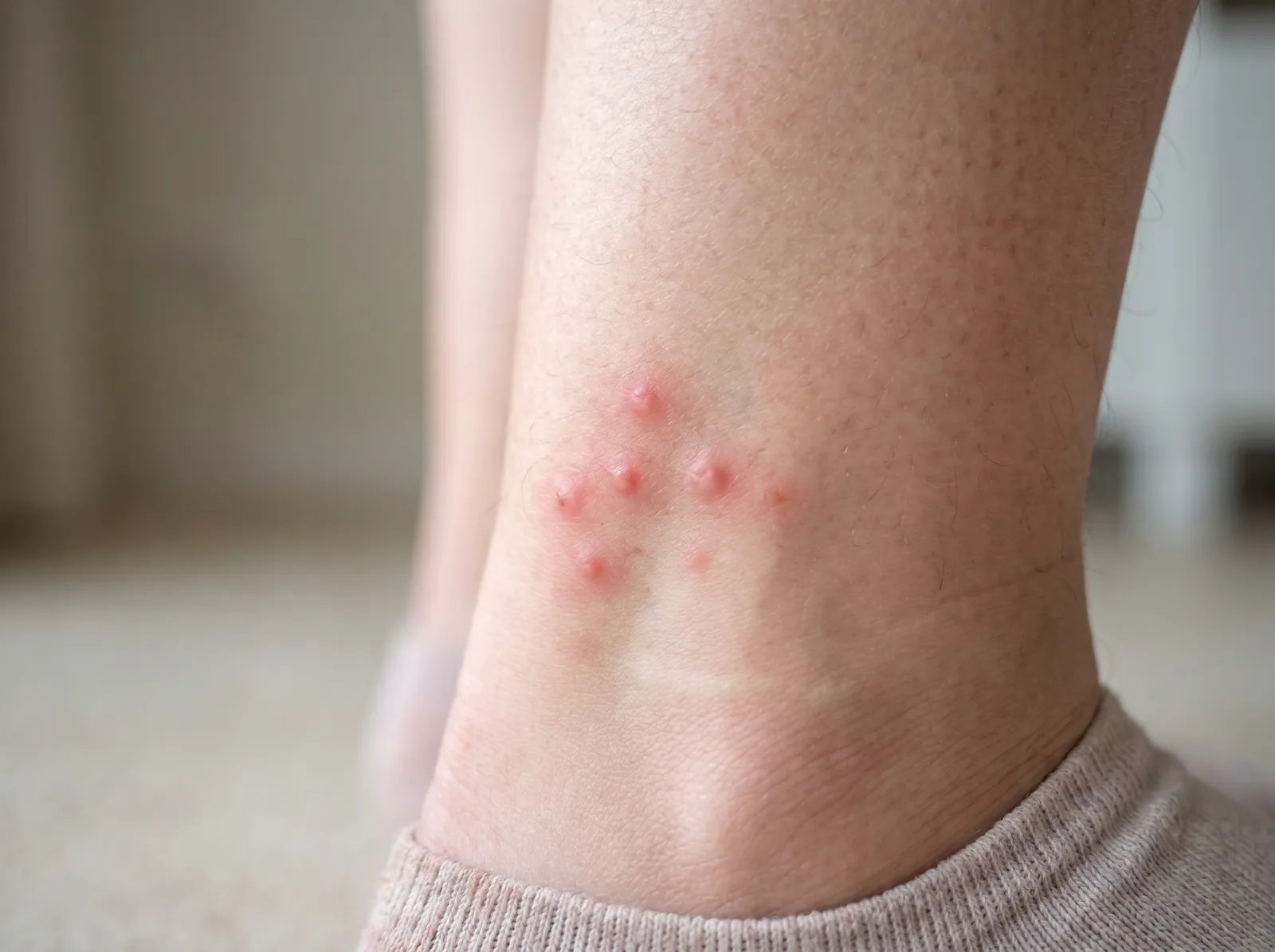 Cluster of small red flea bites with faint red halos low on a person’s leg and ankle