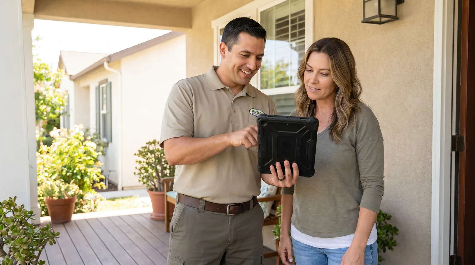 Total Pest Control technician with a tablet performing a no-cost flea inspection at a Fresno home