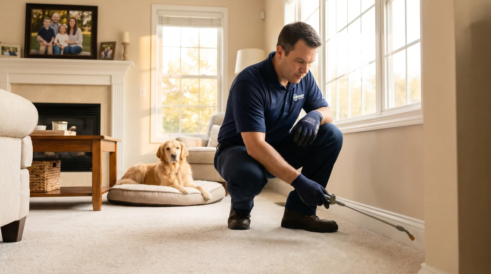 Pest control technician applying a pet-safe flea treatment along the carpet and baseboards of a Fresno living room with a dog resting nearby