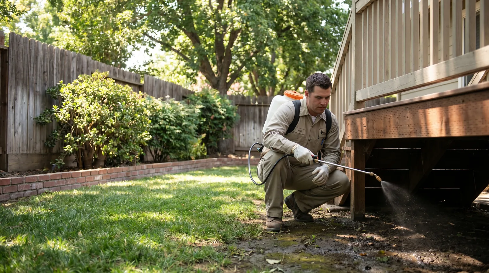 Pest control technician treating shaded, moist flea harborage under a deck and shrubs in a Central Valley backyard
