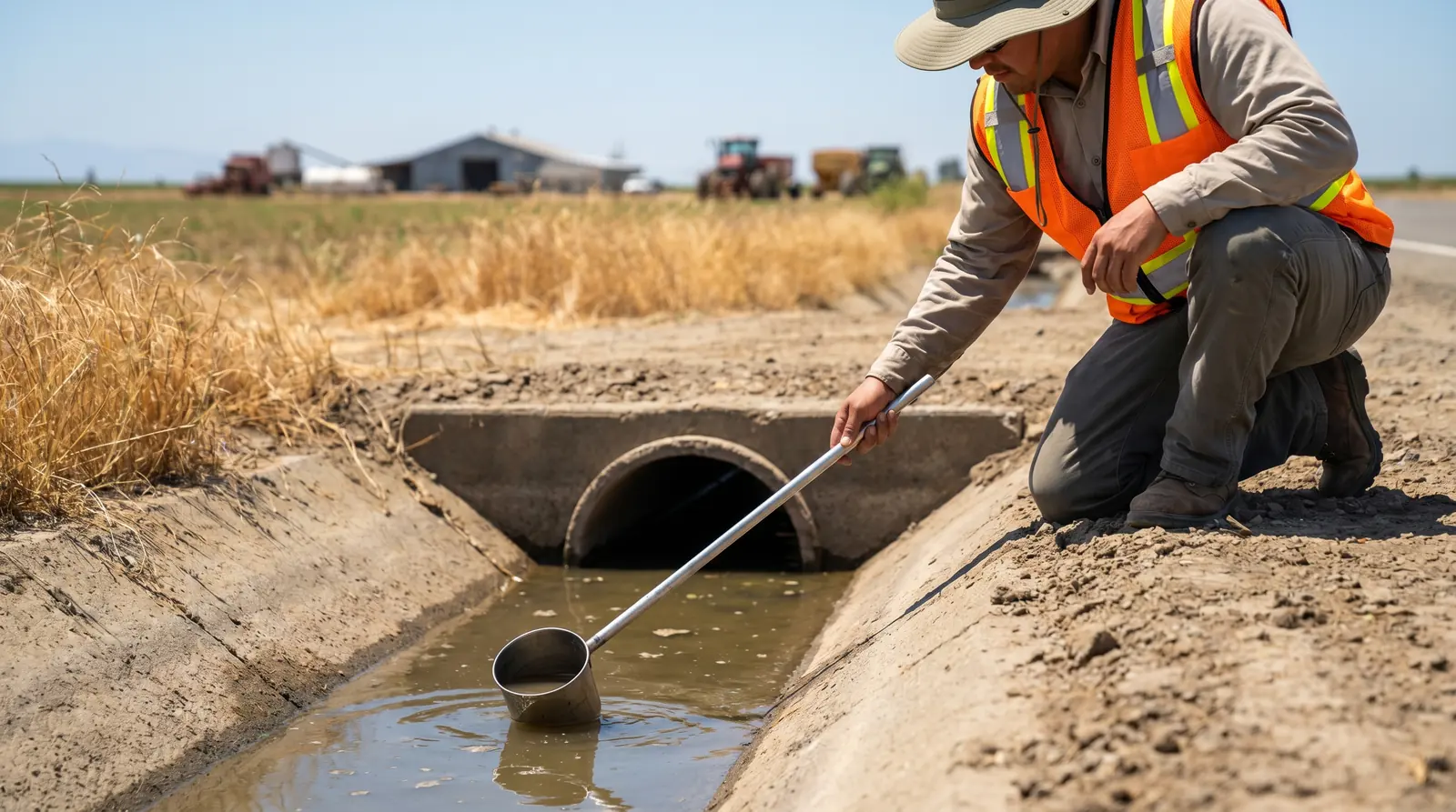 A public mosquito abatement district worker dipping a sampler into a Central Valley irrigation ditch to check for larvae