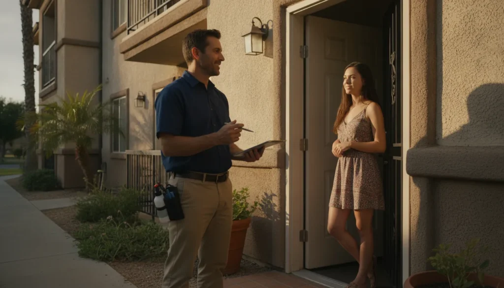 Licensed pest control technician documenting service at the doorway of a Fresno apartment while speaking with a tenant