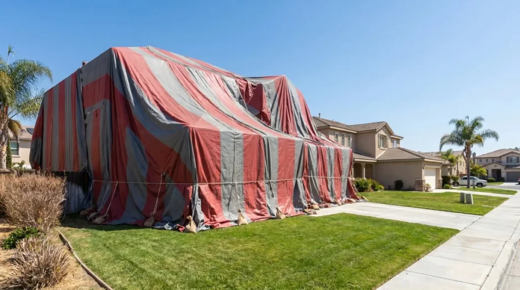 A single-family house covered with a striped fumigation tent in a Fresno neighborhood