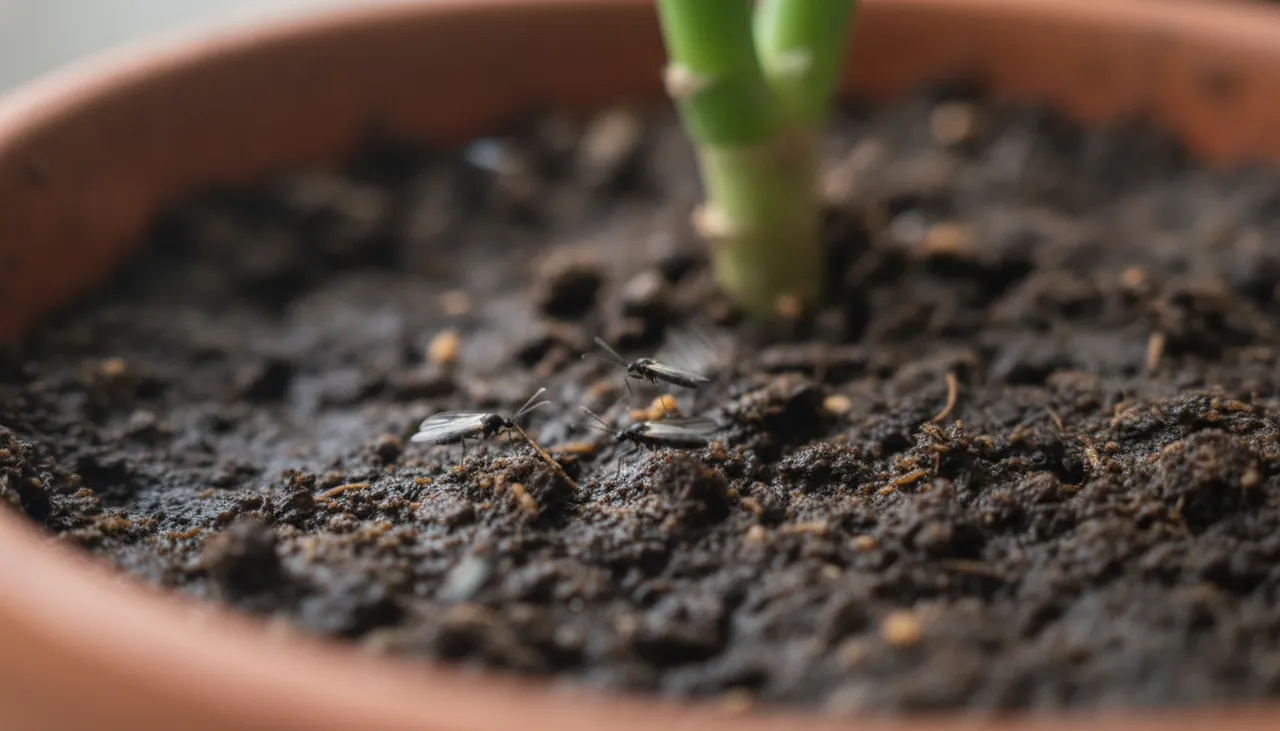 A cluster of tiny black fungus gnats on the damp soil surface of a potted houseplant
