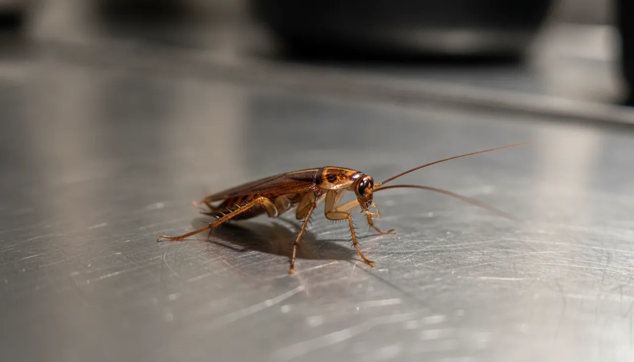 A German cockroach on a stainless-steel kitchen surface in a Fresno apartment