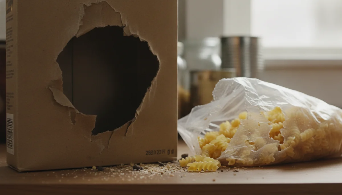 Rodent gnaw marks chewed through food packaging in a Fresno pantry