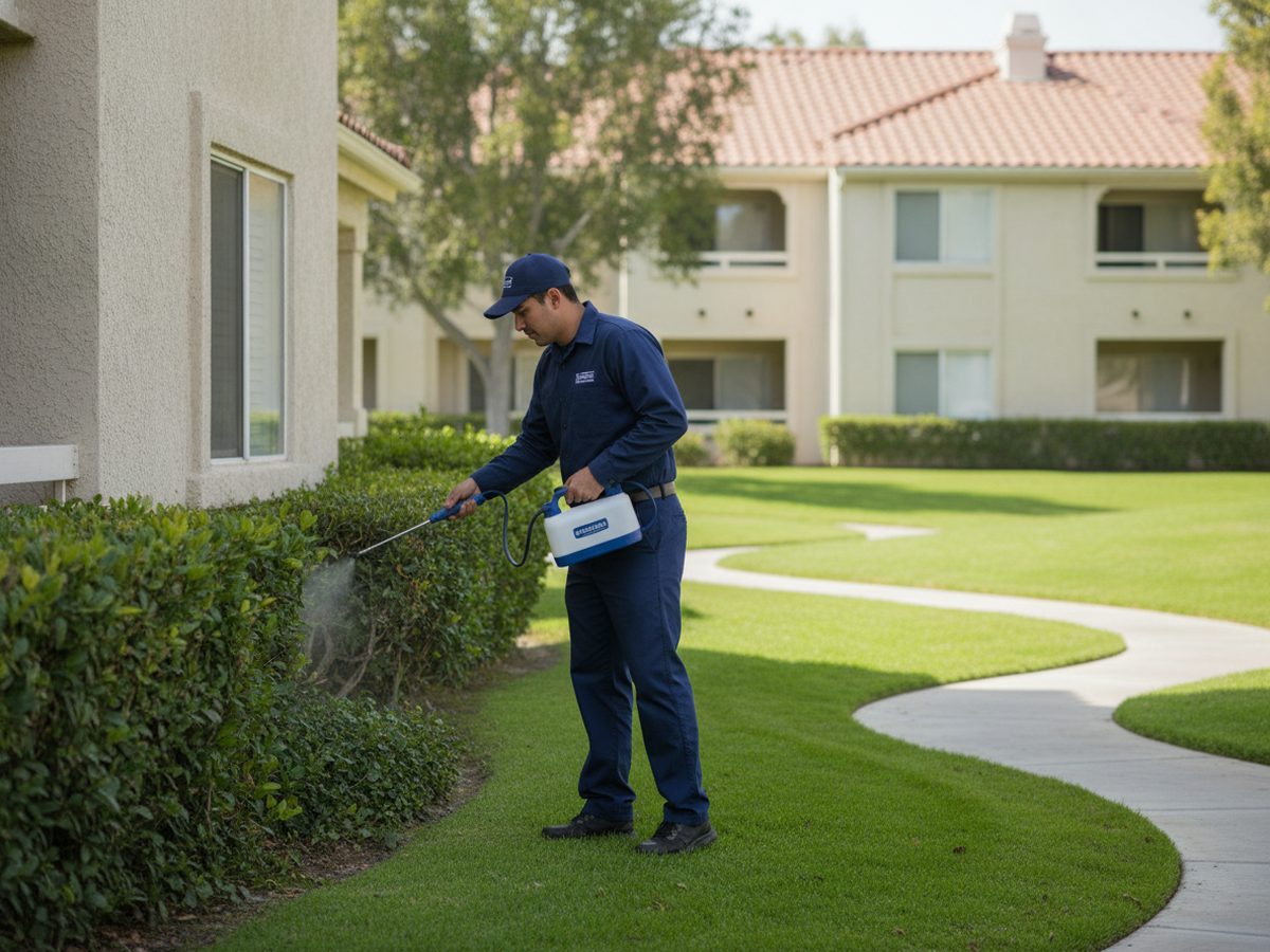 Pest control technician treating the landscaped common area beside a Fresno condominium community building