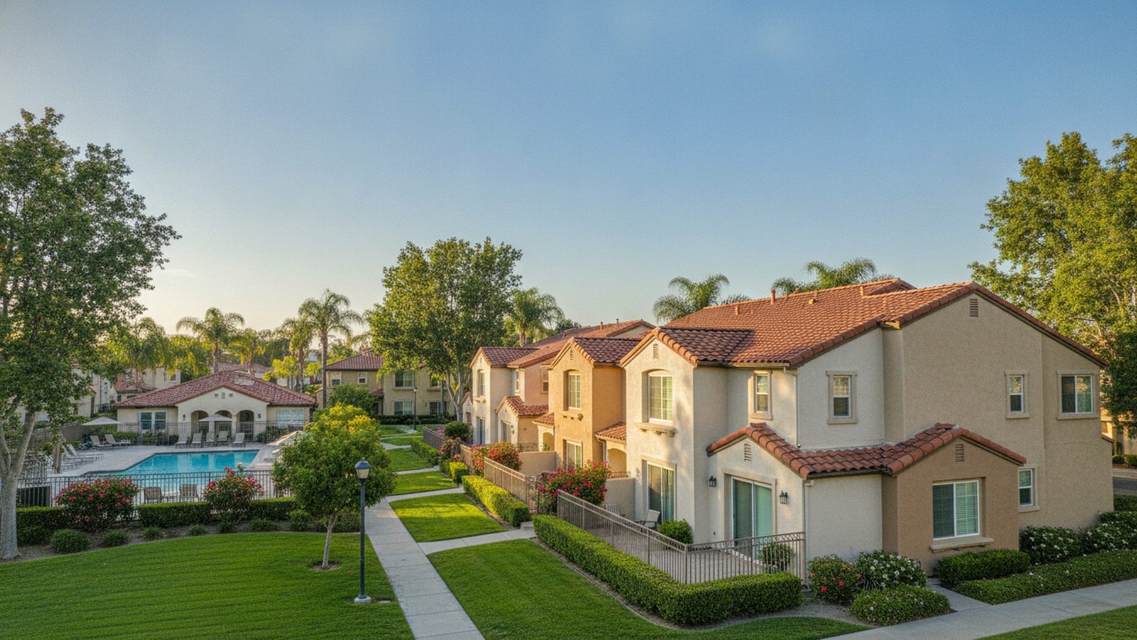 Well-maintained Fresno condominium and townhome HOA community with shared landscaping and a clubhouse