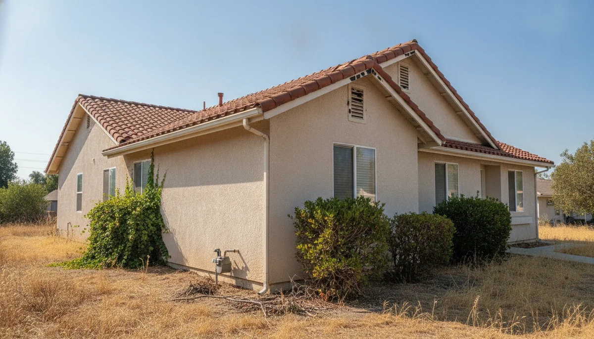Exterior rodent inspection of a Fresno home foundation and roofline