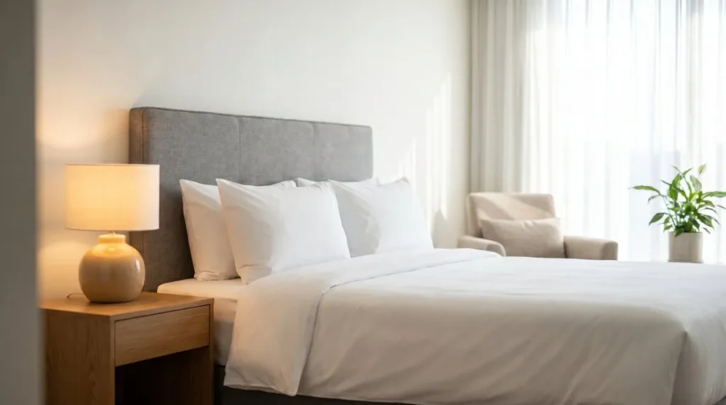 A clean, bright hotel room with a neatly made bed, where bed bug prevention and treatment matter