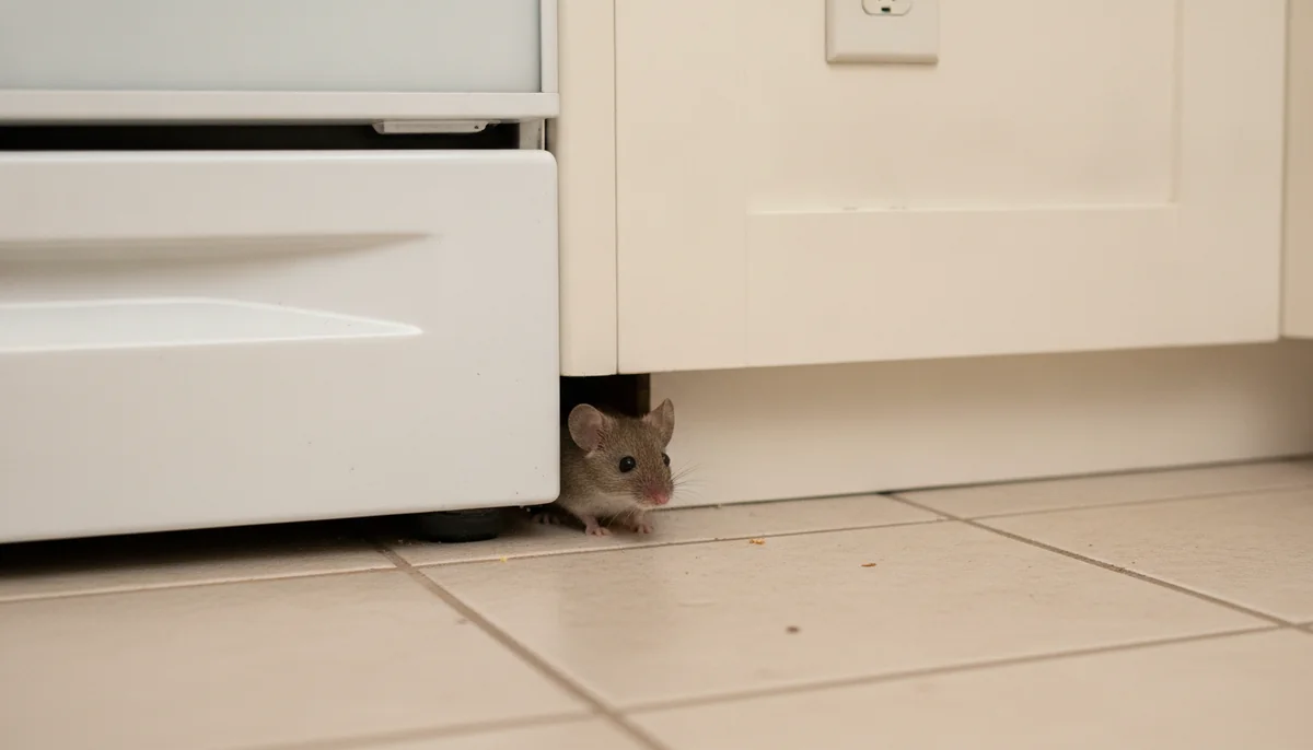 House mouse by a kitchen baseboard in a Fresno home