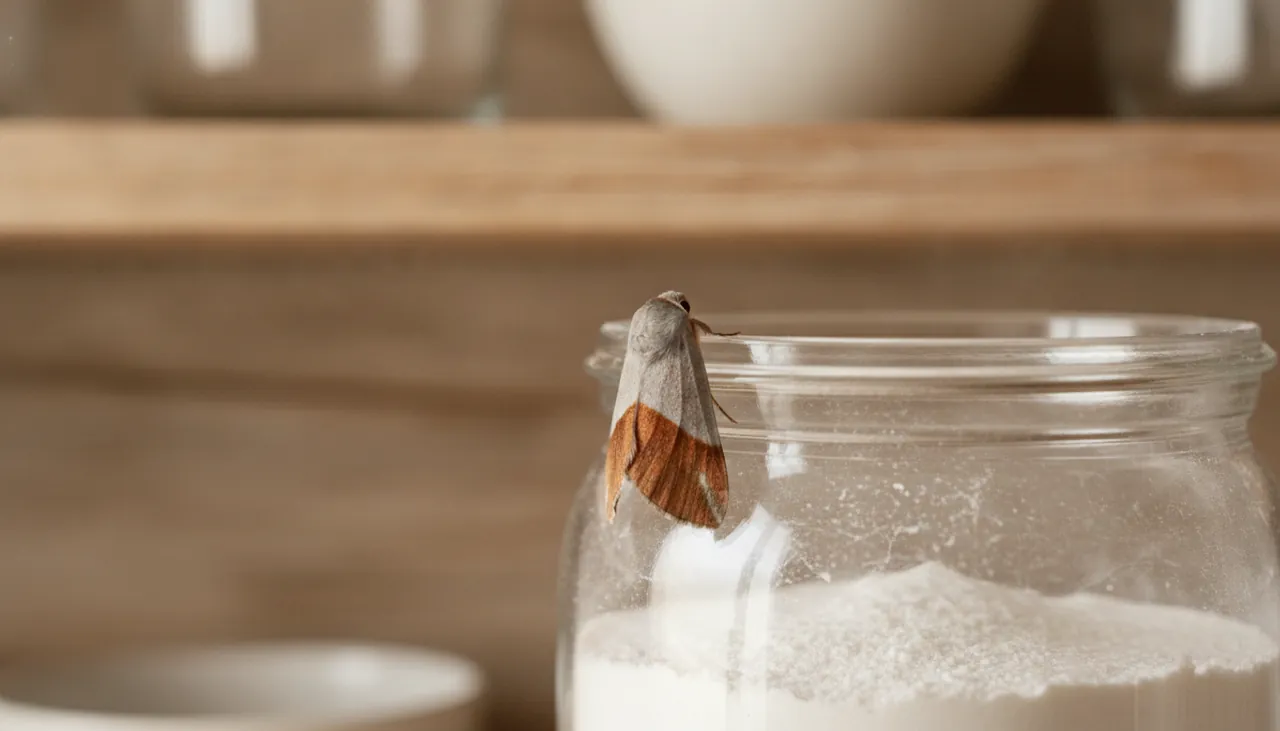 A small Indian meal moth resting on the rim of an open pantry jar of flour, with faint webbing visible inside the jar