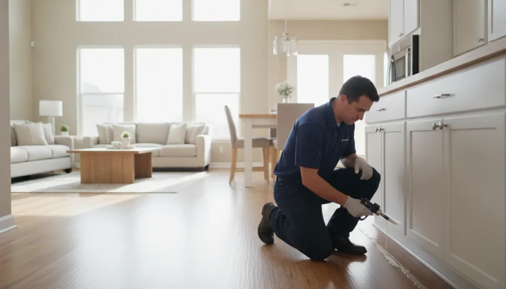 Pest control technician responding to a same-day call inside a Fresno home