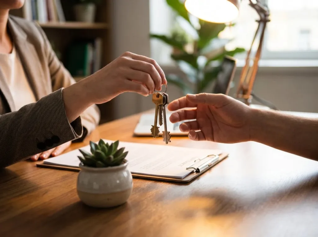 A property manager handing over rental keys and paperwork at a desk