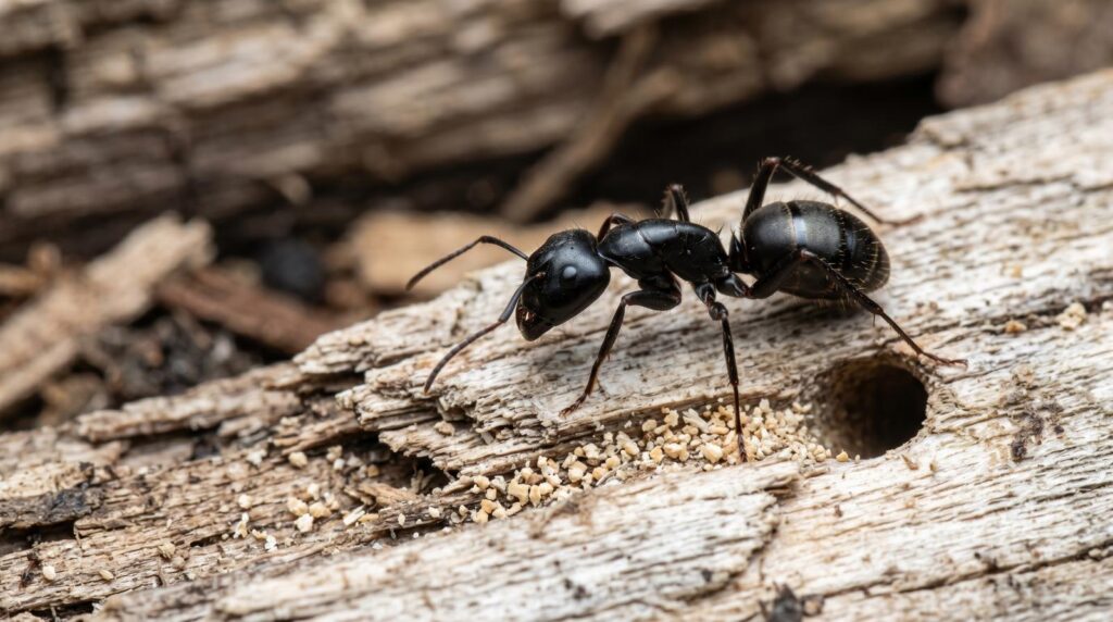 Black carpenter ant on water-damaged wood beside a pile of sawdust frass in a Fresno home
