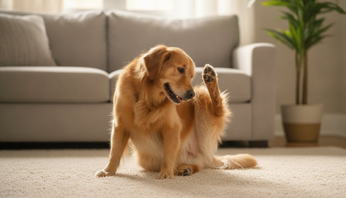 A dog scratching fleas on a carpet, where dormant flea pupae can survive for months