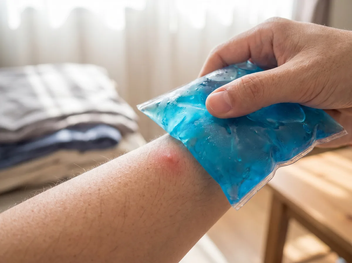A cold gel ice pack pressed against a mosquito bite on a forearm to relieve the itch