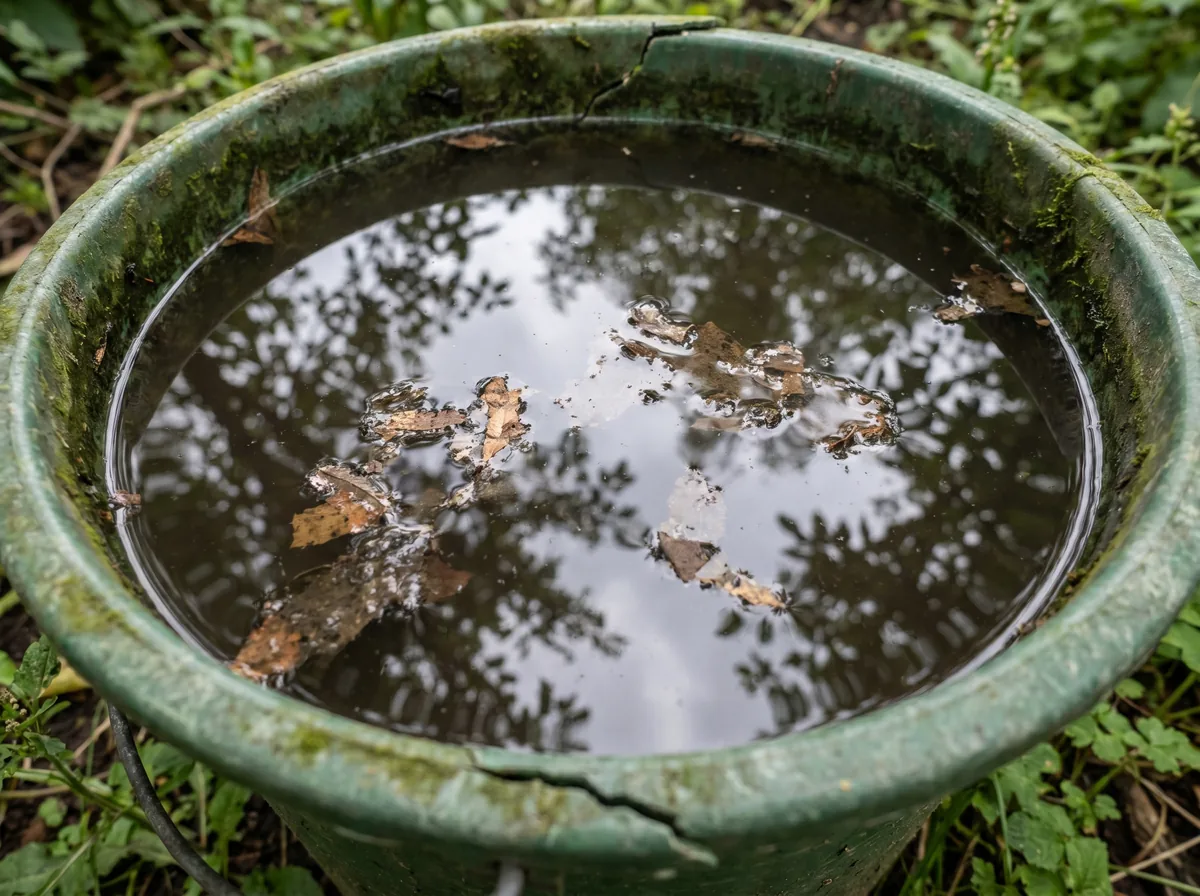 Murky standing water in a forgotten backyard bucket, a mosquito breeding source in a Fresno yard