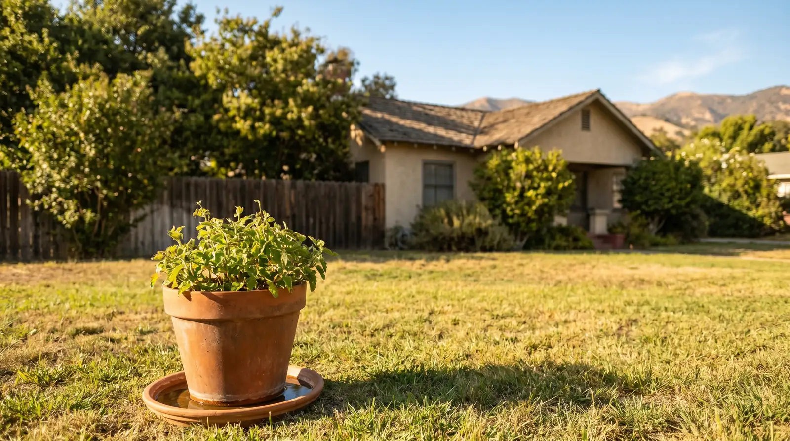 A water-filled plant saucer in a sunny Fresno backyard, a common breeding spot for invasive Aedes mosquitoes in the Central Valley
