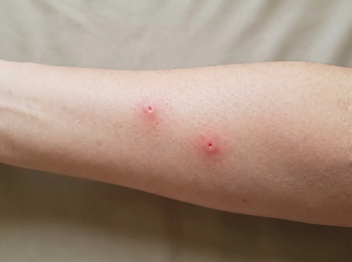 Two scattered red mosquito bite welts on a person's forearm