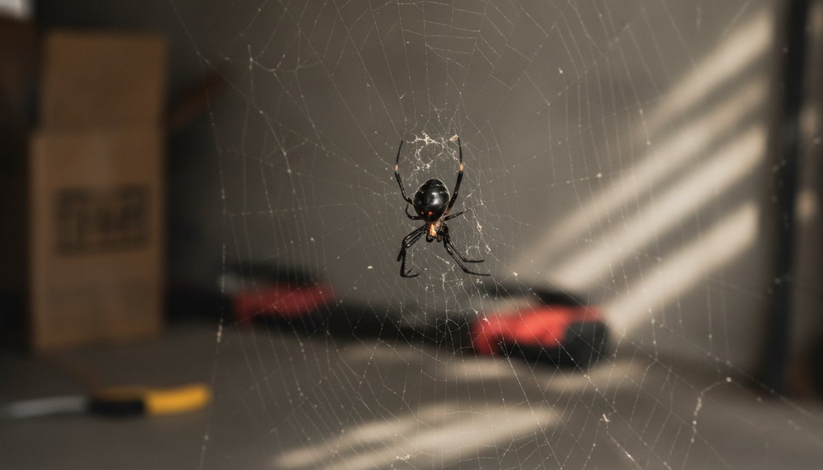 A black widow spider on its web in a garage — glossy black with a red hourglass marking, the one venomous spider to know in Fresno