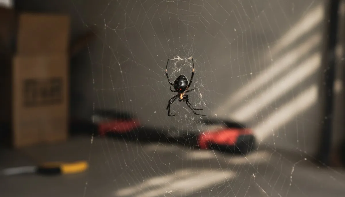 A black widow spider on its web in a garage — glossy black with a red hourglass marking, the one venomous spider to know in Fresno